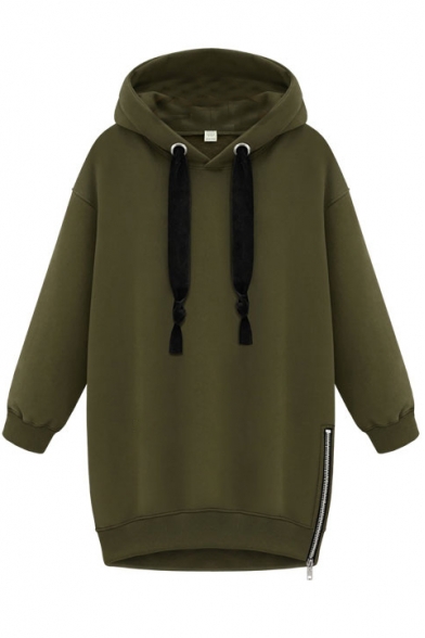 Letter Print Hooded Drawstring Long Sleeve Zipper Side Sweatshirt