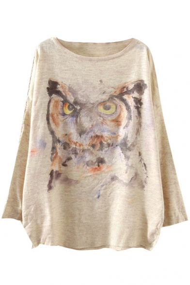 Owl Print Scoop Neck Long Sleeve Sweater