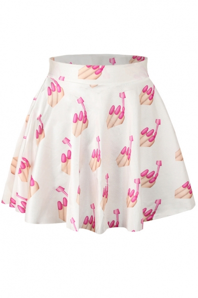 Pink Fingernails Print Elastic Waist Mini Flared Skirt