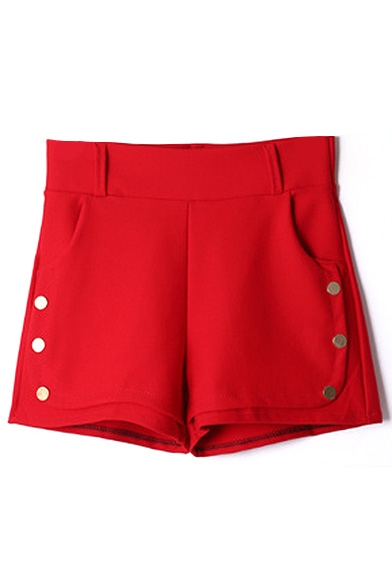 Plain Button Detail High Elastic Waist Hotpant Shorts