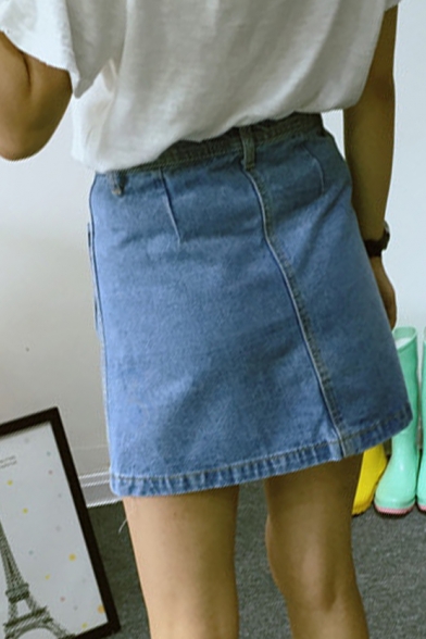 Plain Button Fly Denim A-Line Skirt
