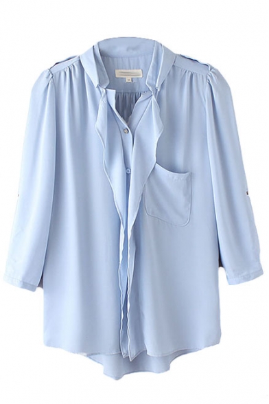 Plain Lapel 3/4 Length Sleeve Pocket Ruffled Front Shirt