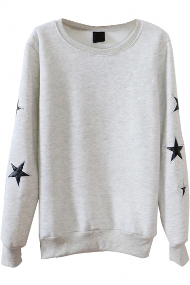 Stars Print Round Neck Long Sleeve Sweatshirt - Beautifulhalo.com