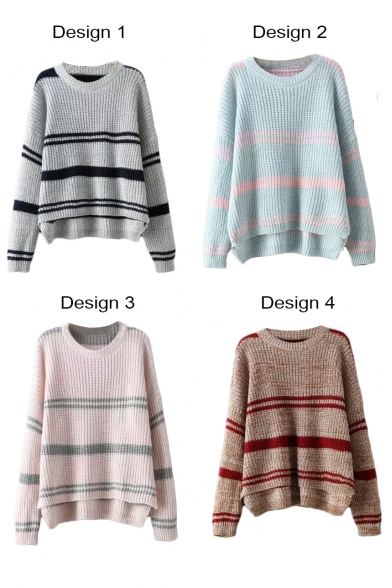Stripe High Low Batwing Sleeve Round Neck Sweater