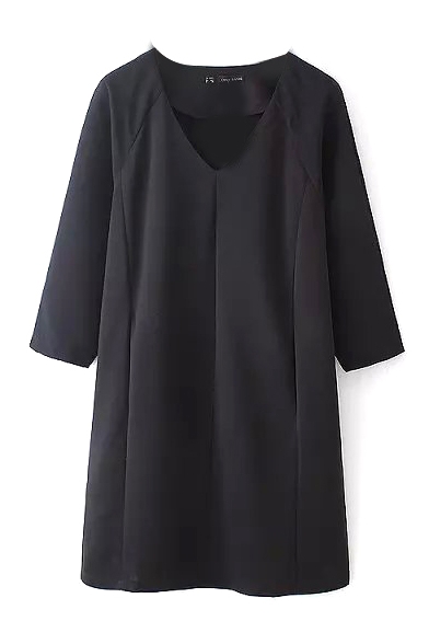 Black V-Neck 3/4 Length Sleeve Shift Dress