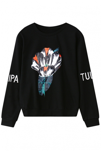 Flower and Letter Print Round Neck Long Sleeve Sweatshirt
