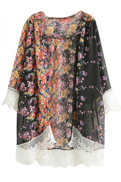 Gorgeous Floral Print V-Neck Lace Crochet Hem Long Sleeve Kimono