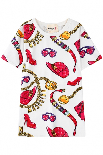 Lady Accessories Print Round Neck Short Sleeve T-Shirt