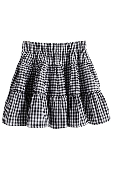 Plaid Print Elastic Waist Ruffle Hem Pleated Mini Skirt