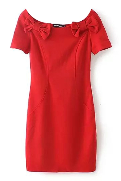 Plain Double Bow Boat Neck Short Sleeve Bodycon Dress