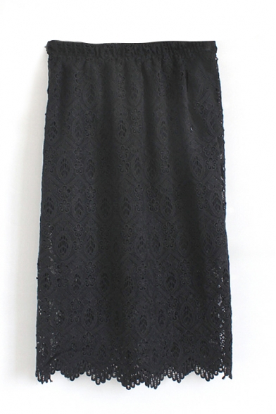 Plain Elastic Waist Lace Midi Wrap Skirt
