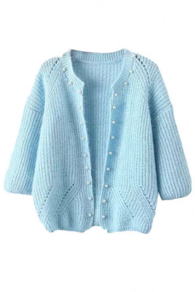 Plain Round Neck 3/4 Length Sleeve Beaded Knit Open Front Cardigan