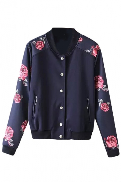 Romantic Rose Print Stand Collar Single-Breasted Bomber Jacket