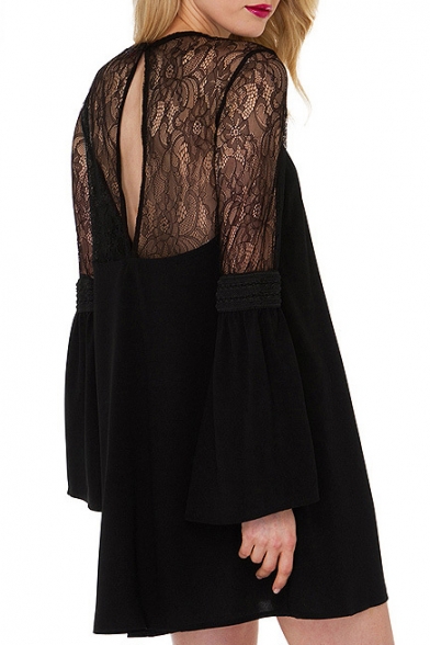 Black Lace Patchwork Long Sleeve Smock Dress
