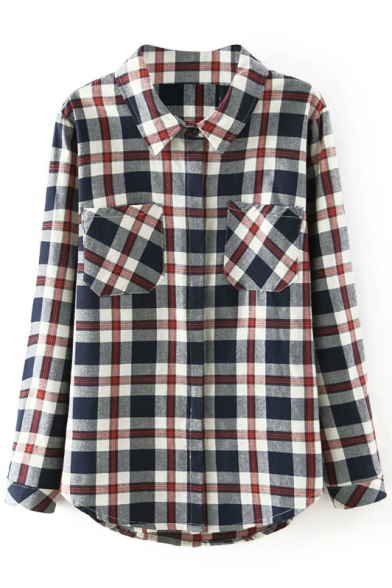 Classic Plaid Lapel Double Pocket Long Sleeve Shirt - Beautifulhalo.com
