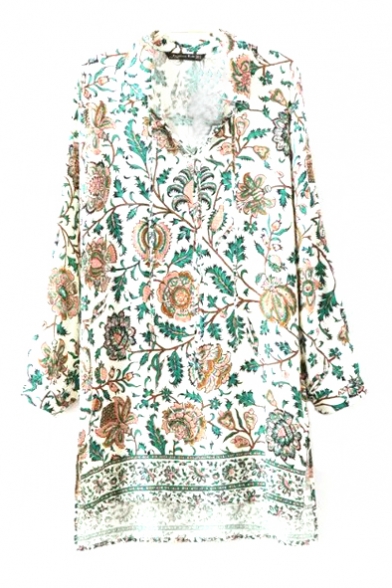 Floral Print Lapel Single Breasted Long Sleeve Shirt Dress
