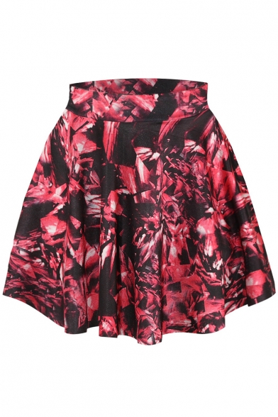 Red Floral Print Elastic Waist Mini Flared Skirt