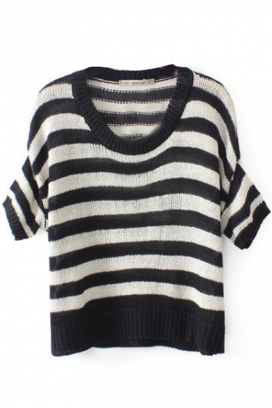 Black and White Stripe Round Neck Half Sleeve Knit Sweater