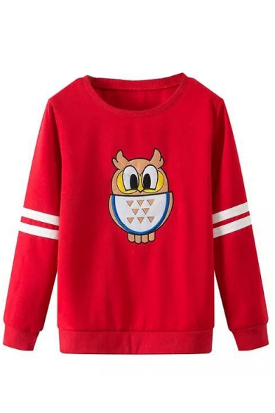 Cartoon Owl Embroidery Long Sleeve Round Neck Sweatshirt