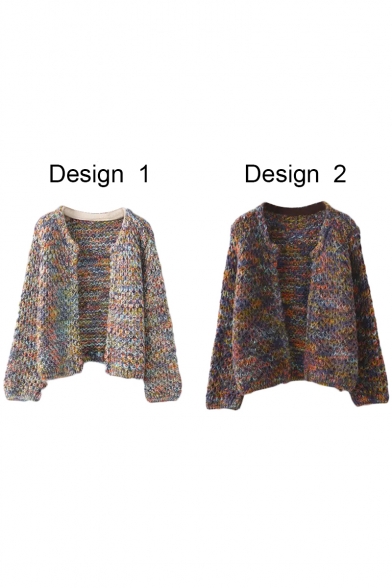 Colorful Round Neck Long Sleeve Woolen Open Front Crop Cardigan