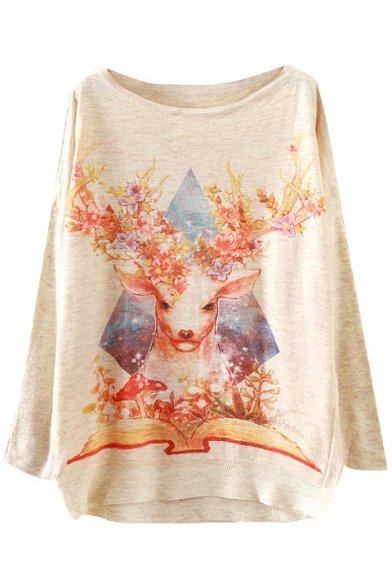 Floral Deer Print Scoop Neck Long Sleeve Sweater