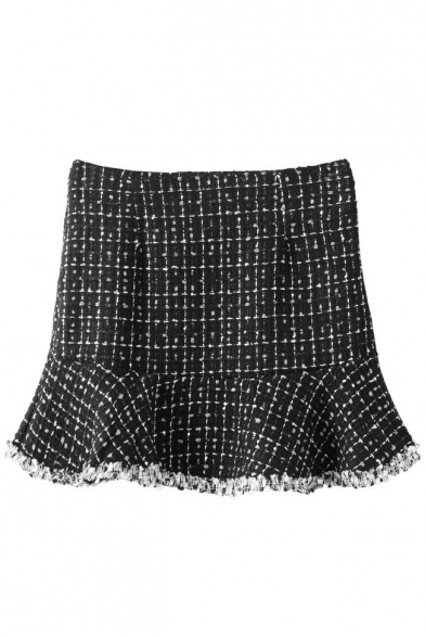 Plaid Zipper Side Ruffle Hem High Waist A-Line Skirt
