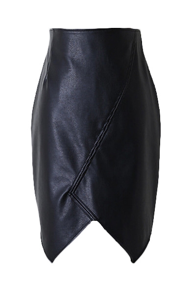 Black PU Asymmetrical Hem Zip Back Wrap Skirt