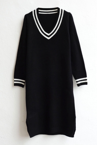 Black V-Neck Long Sleeve Longline Split Side Sweater Dress