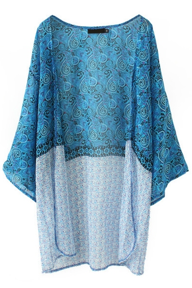 Blue Tribal Print Open Front 3/4 Length Sleeve Kimono