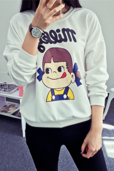 Cartoon Girl Print Round Neck Long Sleeve Sweatshirt