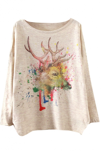 Colorful Deer Scoop Neck Long Sleeve Sweater