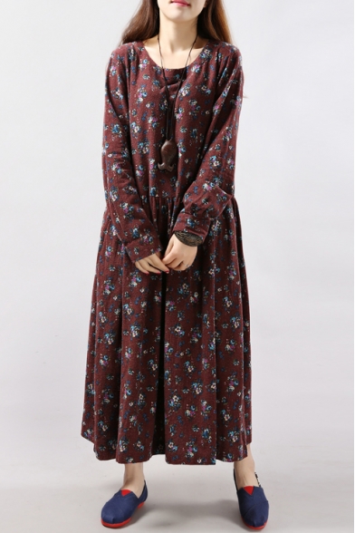 Floral Print Round Neck Long Sleeve Smock Maxi Dress