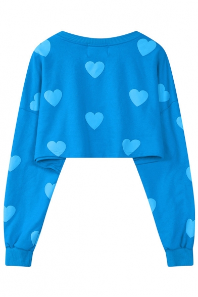 Heart Print Round Neck Long Sleeve Cropped Sweatshirt