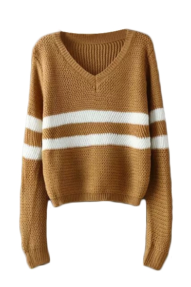 V-Neck Long Sleeve Stripe Knit Sweater