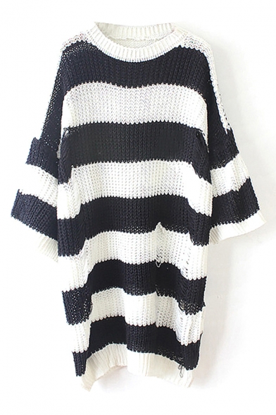 Wide Stripe Round Neck 3/4 Length Sleeve Ripped Sweater