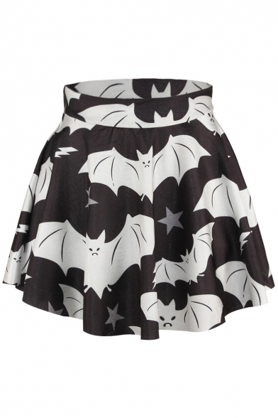 Bat Print Elastic Waist Flared Mini Skirt