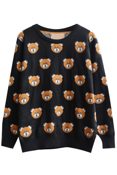 Cartoon Bear Pattern Round Neck Long Sleeve Sweater