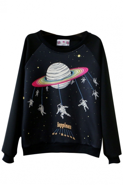 Cartoon Planet and Astronauts Print Round Neck Long Sleeve Sweatshirt