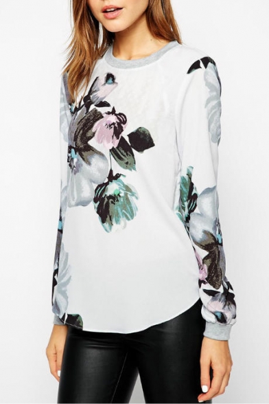 Floral Print Round Neck Long Sleeve Zip Back T-Shirt