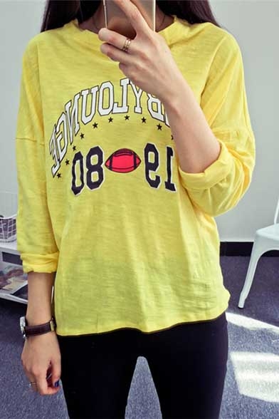 Letter Number Print Round Neck Long Sleeve Tee