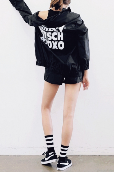Letter Print Long Sleeve Zip Coat with Shorts