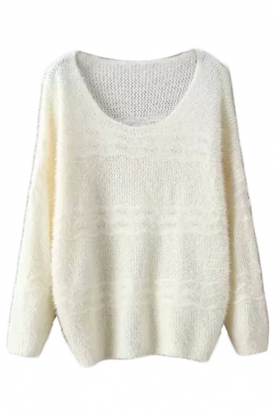 Plain Scoop Neck Long Sleeve Woolen Knit Sweater