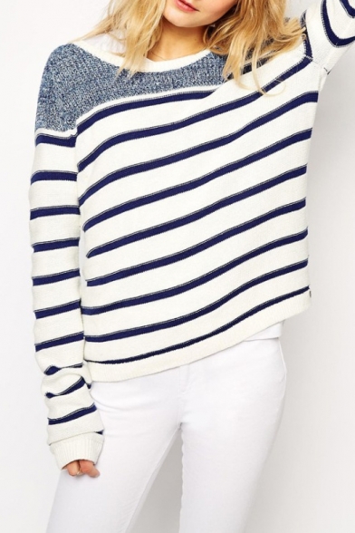 Stripe Color Block Round Neck Long Sleeve Pullover Sweater