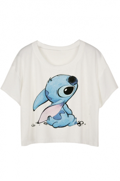 White Shirt Sleeve ET Stitch Monkey Print Crop T-Shirt