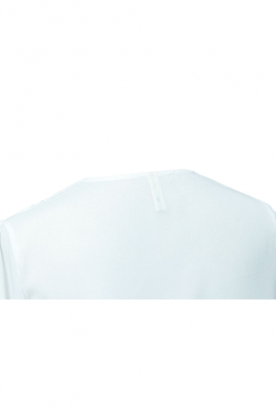 White V-Neck Ruffle Hem Long Sleeve Shirt