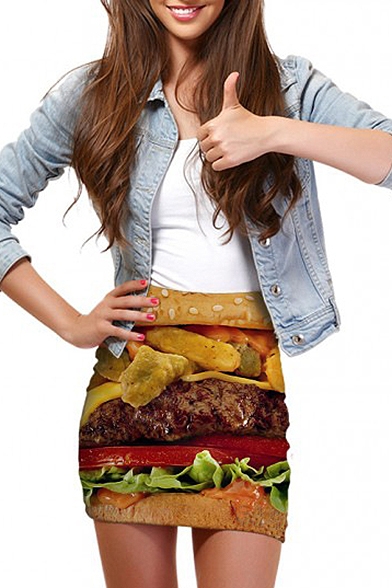 3D Hamburger Print Elastic Waist Mini Wrap Skirt