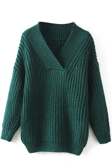 Knit Plain V-Neck Long Sleeve Sweater