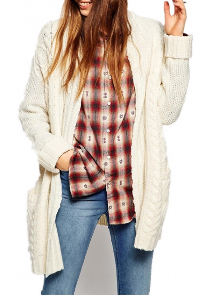 Plain Open Front Stand Collar Long Sleeve Double Pocket Cardigan