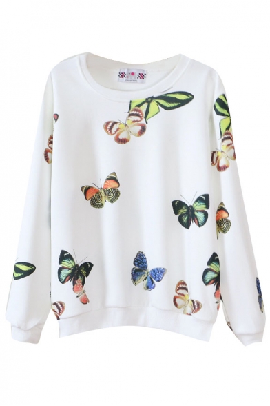 Beautiful Butterfly Print Round Neck Long Sleeve Sweatshirt