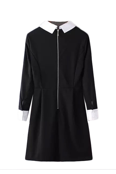 Black Lapel Long Sleeve Zipper Back A-Line Dress